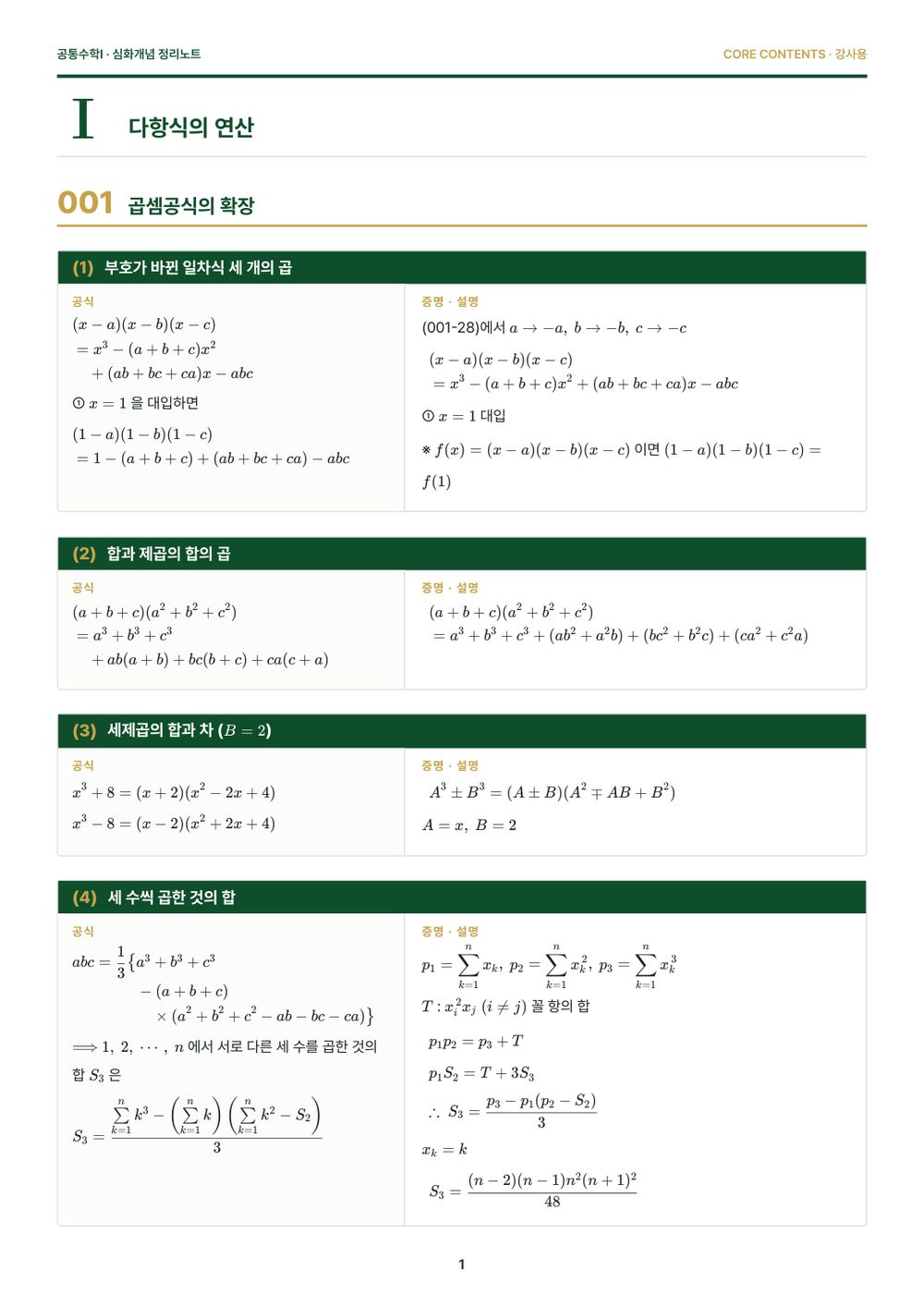 정리노트 본문. 공식과 증명을 나란히 놓았다.